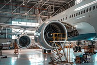 Airplane engine being repaired in a hangar aircraft transportation manufacturing.