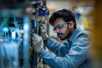 Indian male engineer working on an electric circuit glasses glove accessories.