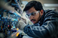 Indian male engineer working on an electric circuit glasses glove lab.