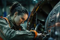 Female aircraft mechanic working on a jet engine transportation automobile vehicle.
