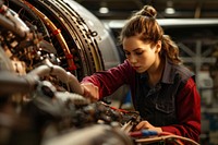 Female aircraft mechanic working on a jet engine transportation manufacturing architecture.