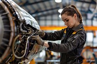 Female aircraft mechanic working on a jet engine transportation manufacturing architecture.