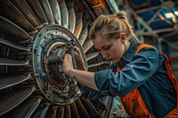 Female aircraft mechanic working on a jet engine machine person worker.