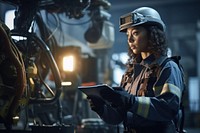 Working with a tablet at an industrial factory female helmet clothing.