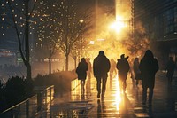 People walking on a city walk path light night adult.