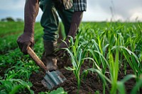 Black South African man farmer shovel gardening outdoors.