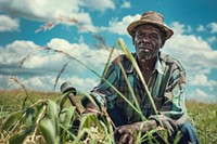 Black South African man farmer clothing sitting apparel.