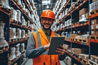 Photo of warehouse employee smiling hardhat helmet adult.