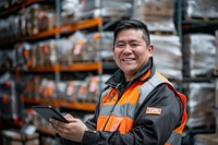Photo of warehouse employee smiling adult electronics technology.