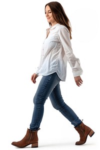 Full body shot of a woman walking blouse jeans clothing.