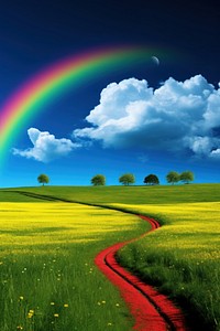 Photo of a heaven landscape rainbow grassland.