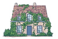 Facade of house overgrown by ivy flat illustration architecture building cottage.