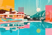 Retro collage of beach club architecture outdoors resort.