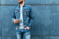 Male freelancer with hand in pocket holding digital tablet looking away clothing apparel jacket.