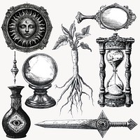 Witchcraft pen draw illustration design element set