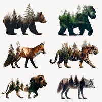 Animal wildlife forest double exposure design element set psd