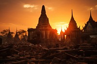 Ruins of Ayutthaya historic temple sunset.