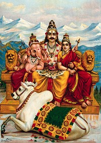 Shiva, Parvati and Ganesha enthroned on Mount Kailas with Nandi the bull. Chromolithograph by R. Varma. Original public domain image from Wellcome Collection. Digitally enhanced by rawpixel.