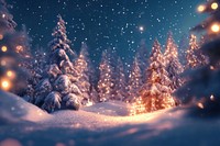 Beautiful winter night landscape christmas trees snow.