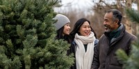 Family of three with different races buy a big fresh pine tree at tree farm together trees christmas clothing.