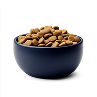 An isolated dog food in a navy bowl nourishment nutrition produce.