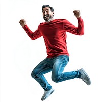 An american man wearing red long sleeve shirt and jean jumping happily background sweater person.