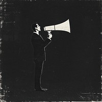 An isolated black and white real man carry a megaphone illustration background retro.