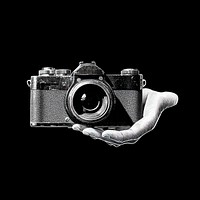 An isolated black and white hand carry camera illustration retro electronics.