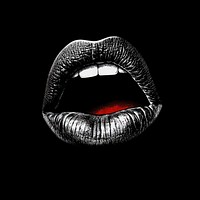 An isolated black and white mouth with red lipstick illustration background black background.