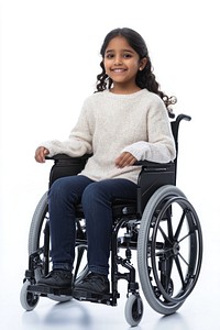 A smiling young south asian girl with ALS in a power wheelchair transportation disability furniture.