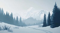 A snowy forest mountain landscape trees pine illustration.