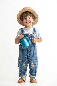 4-year-old boy dressed as a gardener hat background overalls.