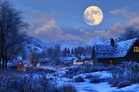 Serene winter night landscape illustration.