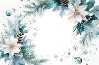 Watercolor pastel light blue and beige winter wreath with snowflakes flowers leaves design.