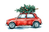 Christmas tree on the roof of an old red car christmas transportation watercolor.