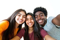 Friends taking a selfie teens diverse happy.