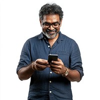 Man playing mobile phone portrait smiling casual.