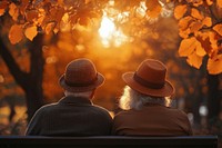 Elderly couple enjoying autumn sunset.