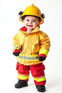 A Young cute English baby boy firefighter costume helmet.