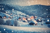 Cozy winter village scene snowfall