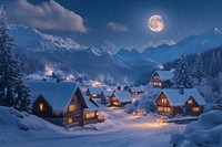 Cozy winter village under moonlight.