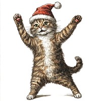 A cat wearing christmas hat dancing illustration art pet.