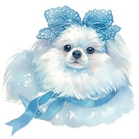 A pom pom dog with head band illustration ribbon blue.