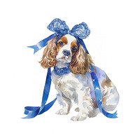 A spaniel dog with head band illustration watercolor ribbon.