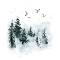 Watercolor snow forest trees birds nature.