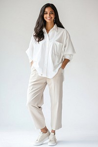 Full-body indian woman shirt clothing pants.