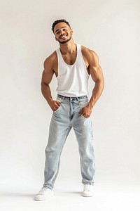 Full-body man smiling jeans white.