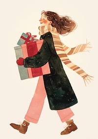 A woman carrying Christmas gifts coat illustration expression.