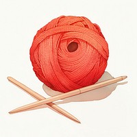 Knitting needles and red yarn ball illustration wool art.