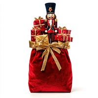 Christmas red bag filled with gift boxes nutcracker christmas gifts.